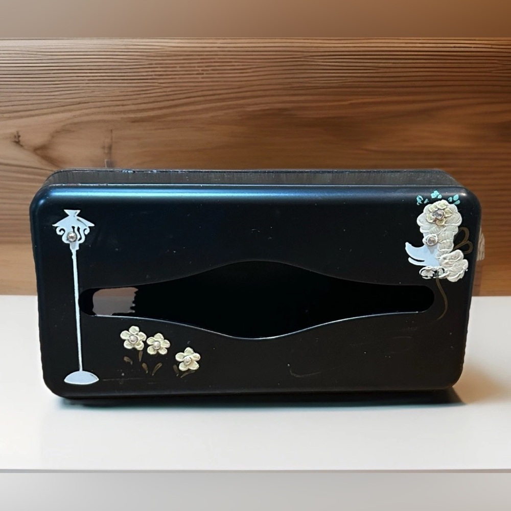 Vintage Ransburg Black Metal Tissue Box Holder French Painted Poodle Rhinestones